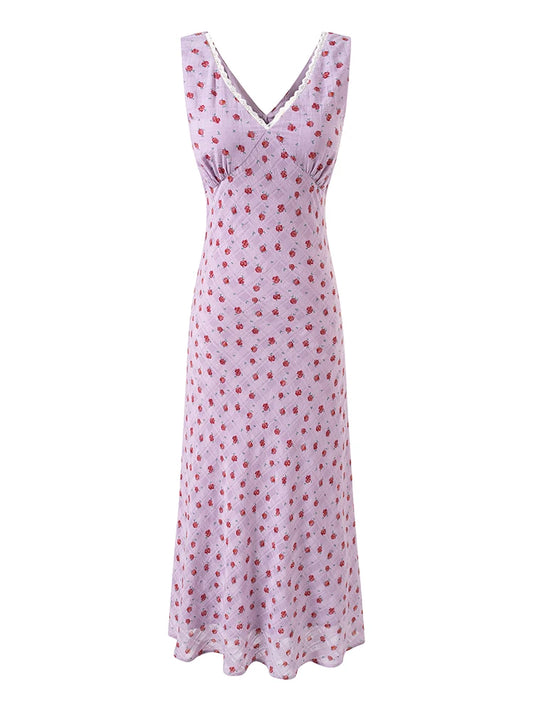 Lilac floral V-neck lace trim sleeveless midi dress front view