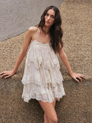 Beige lace trim halterneck mini dress