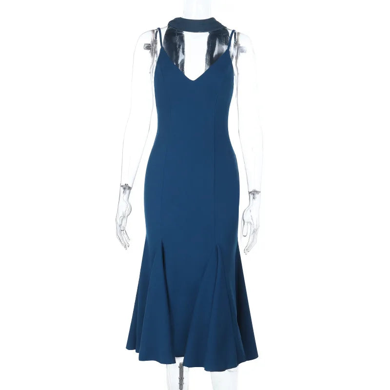 Blue dress on a mannequin against a white background