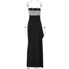 Strapless Lace Patchwork High Split Maxi Dress
