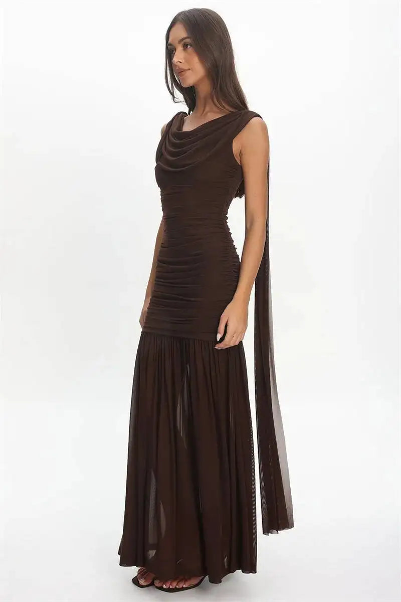 Brown draped cowl neck mesh maxi dress