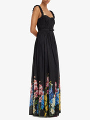 Side view of floral print square neck maxi dress