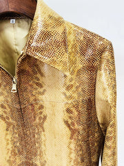 Snake Print Pu Leather Jacket and Flare Pants Set