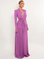 Long Sleeve Deep Neck Ruched Shimmering Slit Maxi Dress