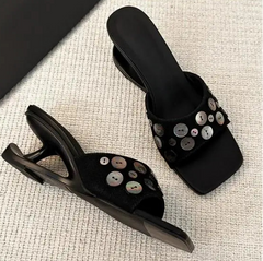 Shell Button Wedge Heel Square Toe Slides