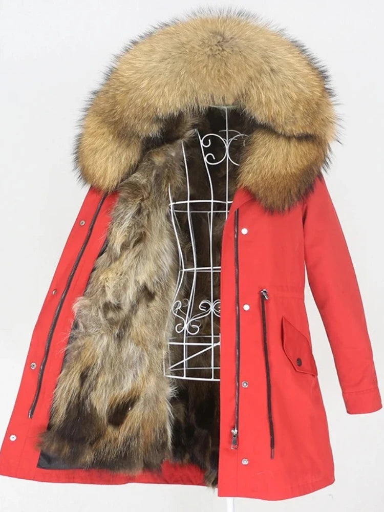 Red parka coat with a large fur hood on a white background