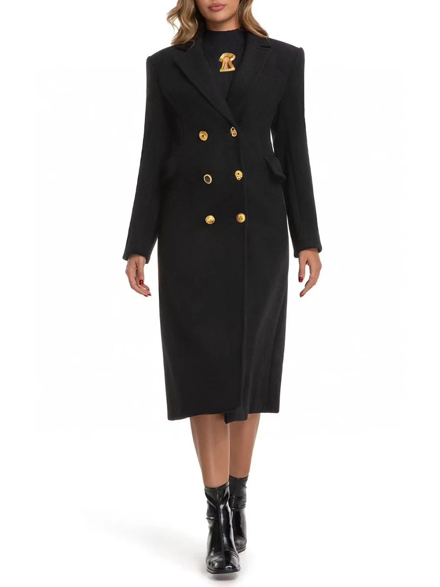Black coat with gold buttons worn by a model 