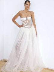 Strapless Mesh White A Line Maxi Long Dress