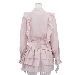 Pink Ruffled Tiered Collared Long Sleeve Mini Dress