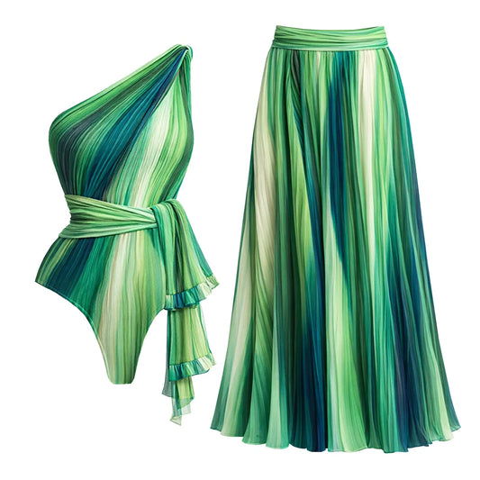 Close-up of the one-shoulder pleated bodysuit and flowing maxi skirt set.