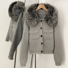 Fur Trimmed Ribbed Knit Jacket
