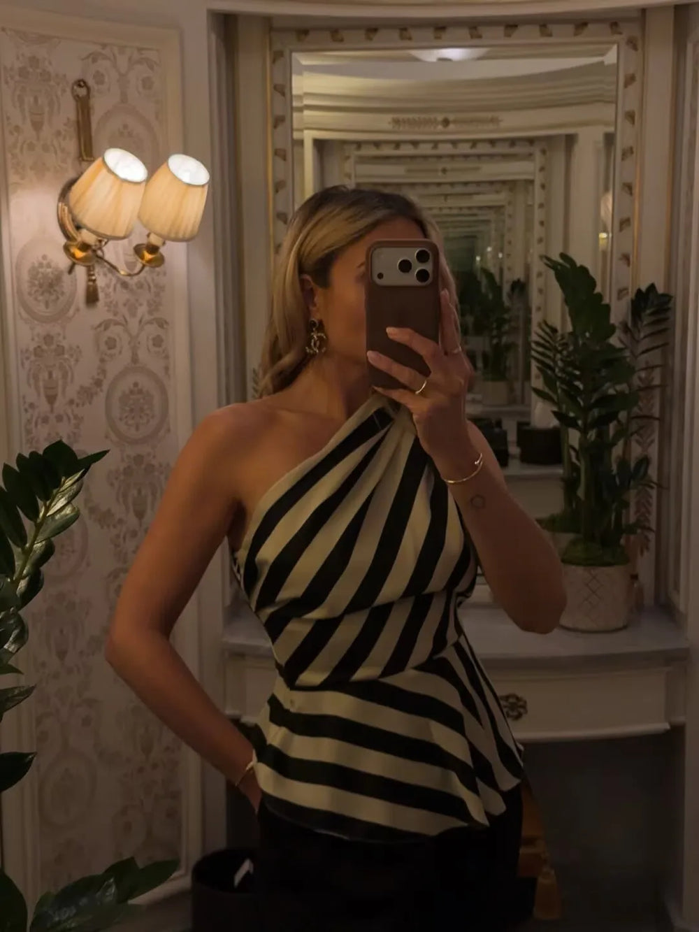 Striped one shoulder asymmetric peplum top draped silhouette