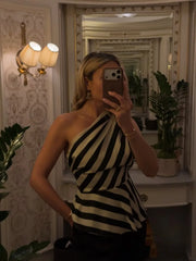 Striped one shoulder asymmetric peplum top draped silhouette