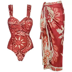 Floral Print Sweetheart Neckline One-Piece Swimsuit and Sarong Set