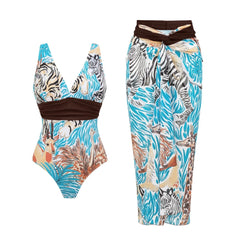 Print Halter Neck One-Piece Swimsuit with Tiered Maxi Skirt