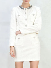 Fuzzy Rhinestone Buttoned Crop Coat And Mini Skirt Set