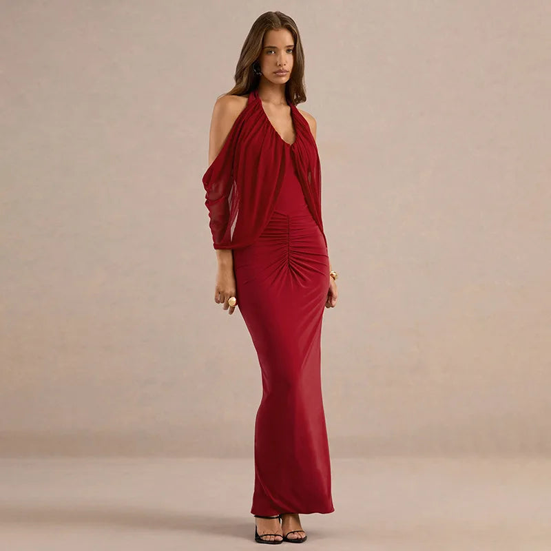 Red halter neck open shoulder maxi dress