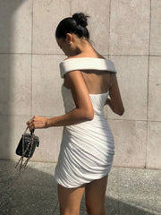 White Slash Neck Ruched Bodycon Mini Dress