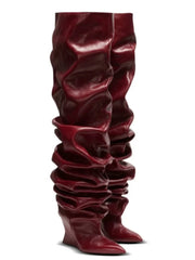 Ruched Wedge Heel Leather Boots