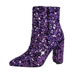Purple sequined pointed toe block heel boots