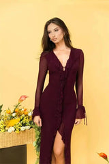 Burgundy ruffled mesh sleeve v-neck maxi dress with floral background