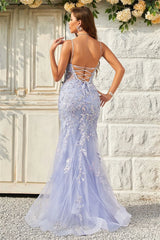 Open-Back Mermaid Spaghetti Strap Lace Embroidery Tulle Dress