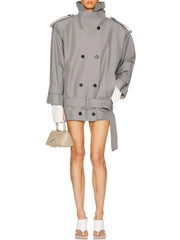 Grey Turn Down Collar Belted Short Trech Coat