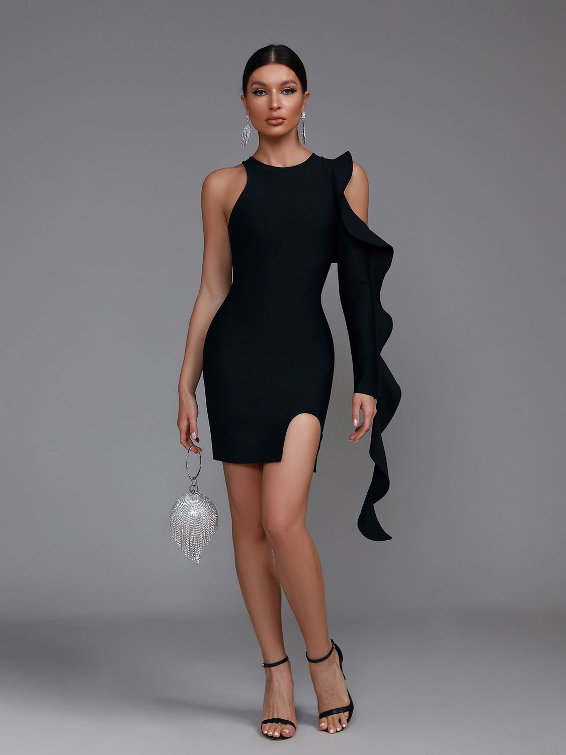 Black Bodycon One Fuul Sleeve Ruffle Mini Dress