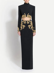 Embellished Turtleneck Cropped Top and Column Skirt Set - Front View
