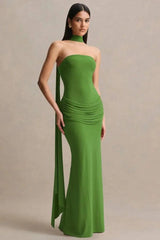 Strapless Choker Neck Gathered Waist Maxi Dress