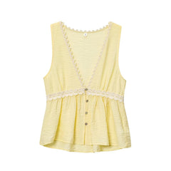 Yellow sleeveless top with lace details on a white background