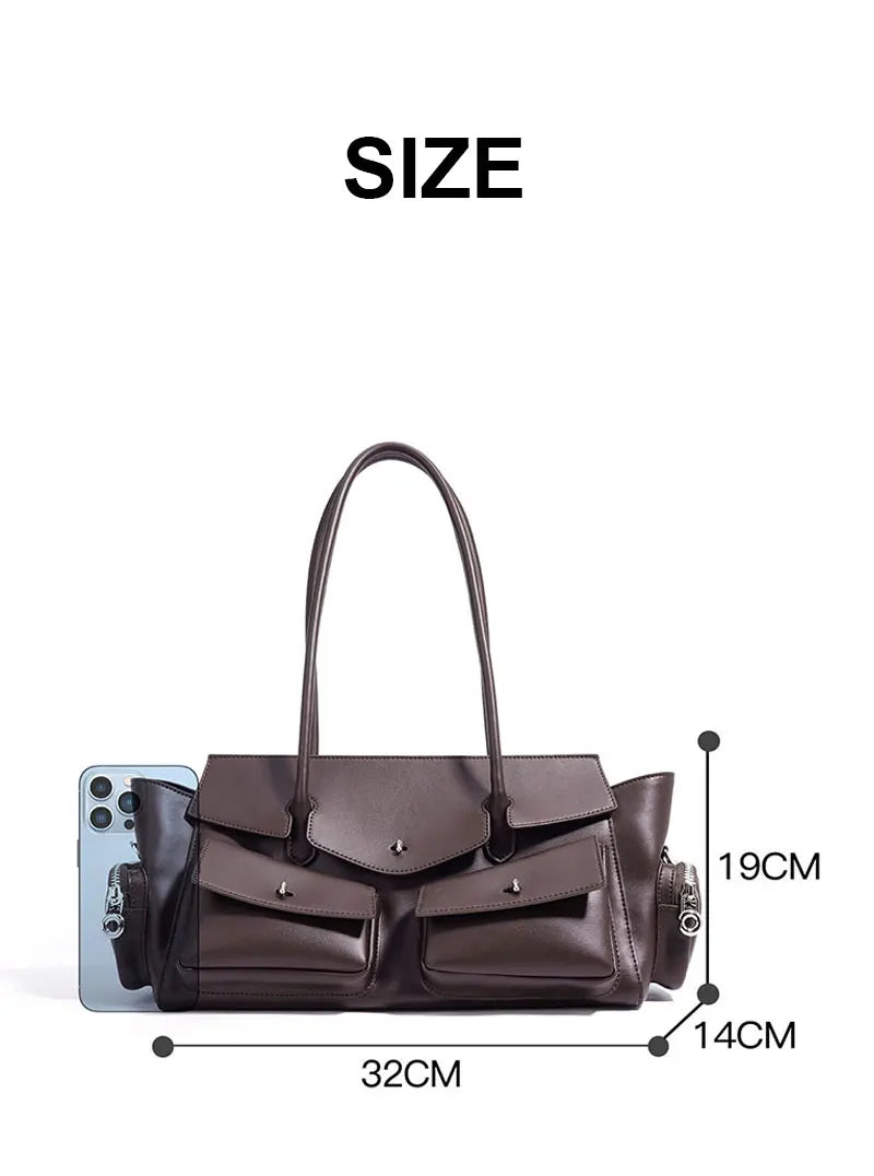 Brown handbag with measurements on a white background