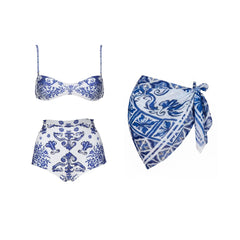 White and Blue Patterned Two Piece Swimwear Set