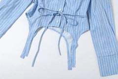 Striped Turn Down Collar Back Tie Up Shirt