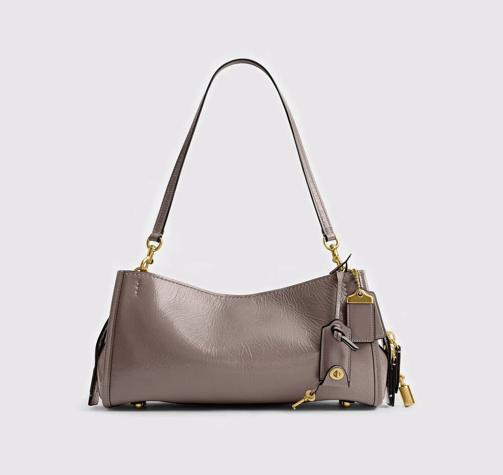 Gray leather shoulder bag with gold hardware