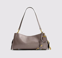 Gray leather shoulder bag with gold hardware