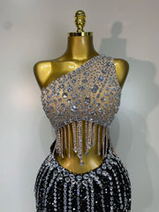 One-Shoulder Black Rhinestone Cut Out Maxi Dress