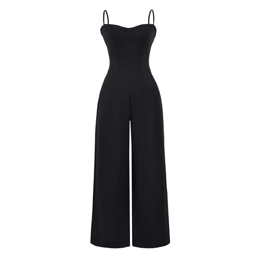 Burgundy wide-leg jumpsuit with spaghetti straps and sweetheart neckline.