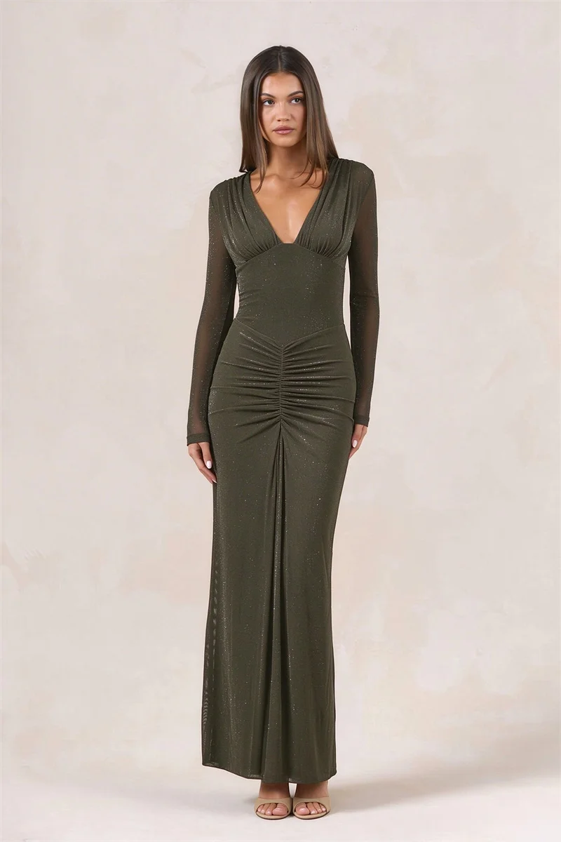 Ruched long sleeve maxi dress in green