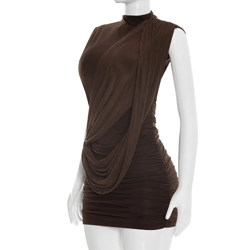 Brown sleeveless dress on a mannequin against a white background