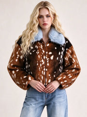 Faux Fur Deer Print Collar Jacket