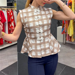 Check Peplum Knot Buttoned Top