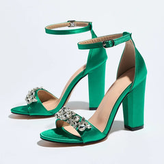 Crystal Embellished Square Heel Ankle Strap Sandals