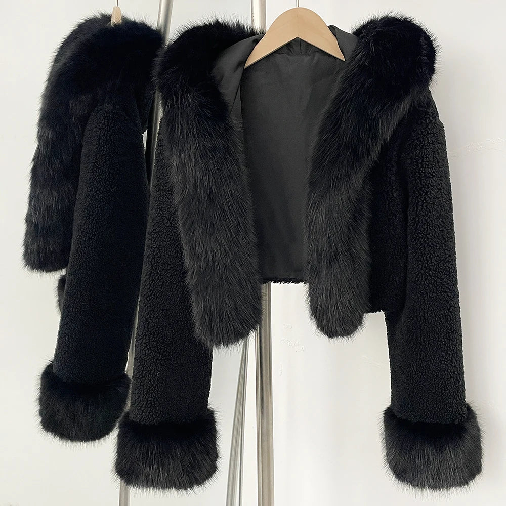 cropped black faux fur hoodie women