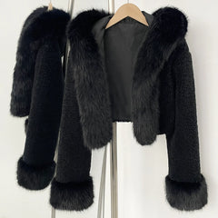 cropped black faux fur hoodie women