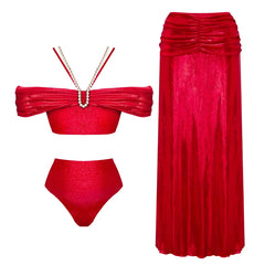 V-Neck Ruched Cut-Out Halter One-Piece Swimsuit and Maxi Skirt Set