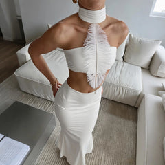 Halter neck tube top and mermaid skirt set with feather detail