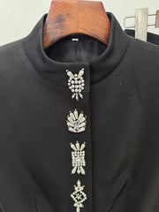 Black Embellished Stand Collar Jacket and Wide Leg Pants Suit