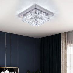 Square stainless steel ceiling lamp fixture with crystal accents.