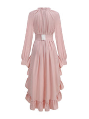 Ruffled High-Low Hem Dress with Lace-Up Neckline